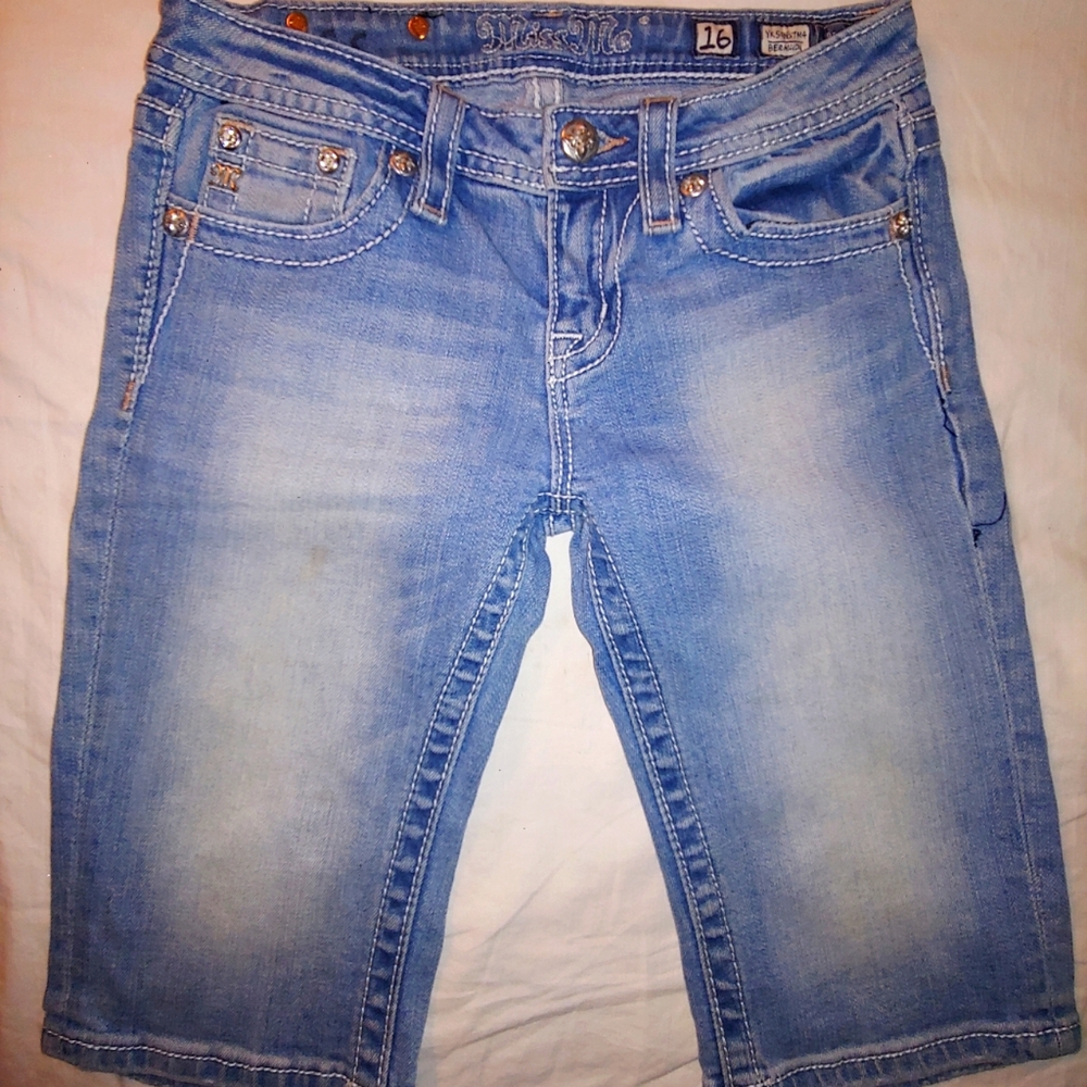 Miss Me Bermuda Girls Buckle Denim Shorts Low Slim Stretch